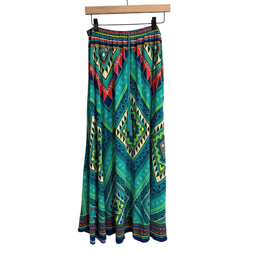 Flying Tomato Geometric Tribal Print Maxi Skirt Teal Blue Red Medium IK5486
